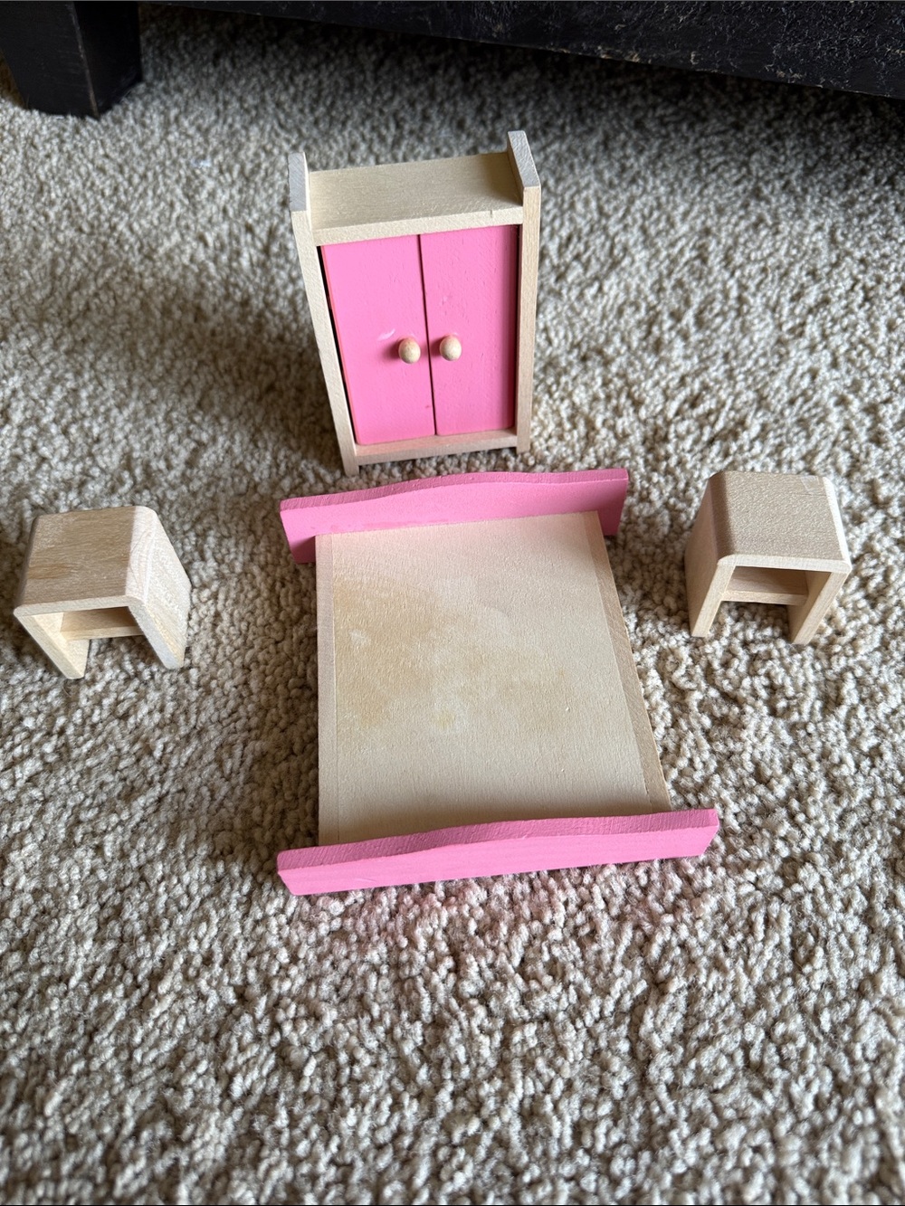 Wood Dollhouse Bedroom Set with Pink Accents